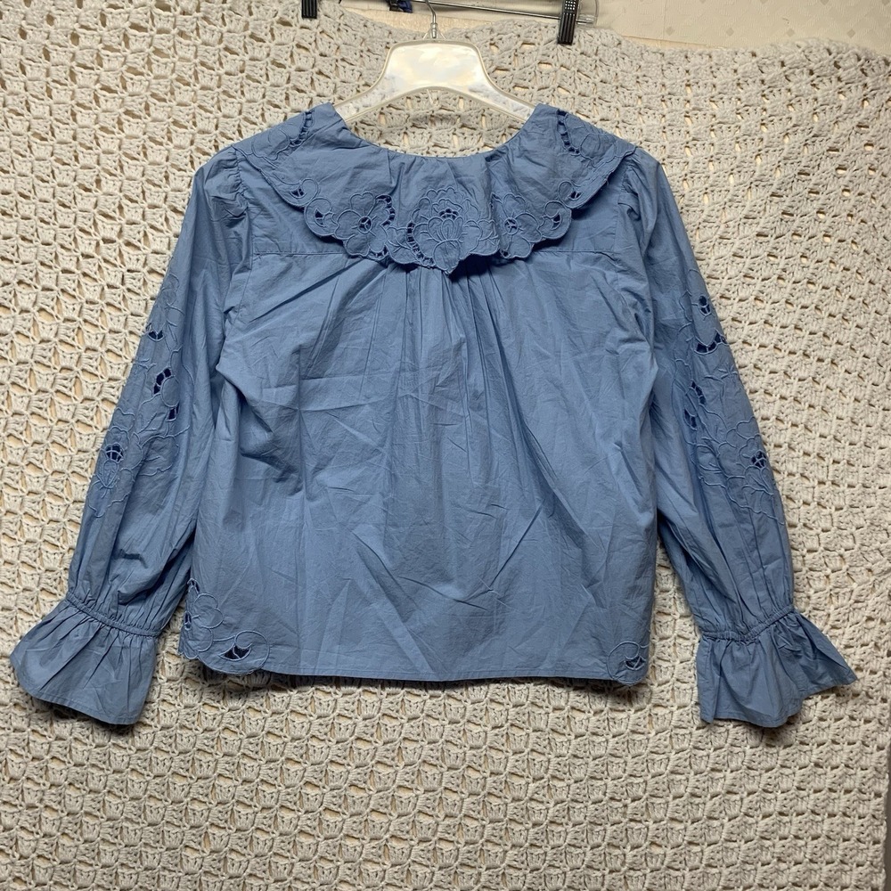 Free People Maisie Eyelet Blouson Top Women Sz M Blue Sleeve 100%Cotton - Picture 4 of 14